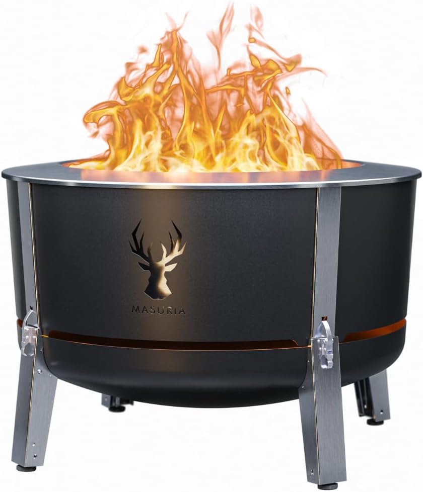 Masuria Alpha 800 Smokeless Fire Bowl 80 cm Diameter - Patented Smoke Reduction up to 95% - Made in the EU - Low-Smoke Outdoor Fire Pit Made of 304 Stainless Steel - Adjustable Legs - Black