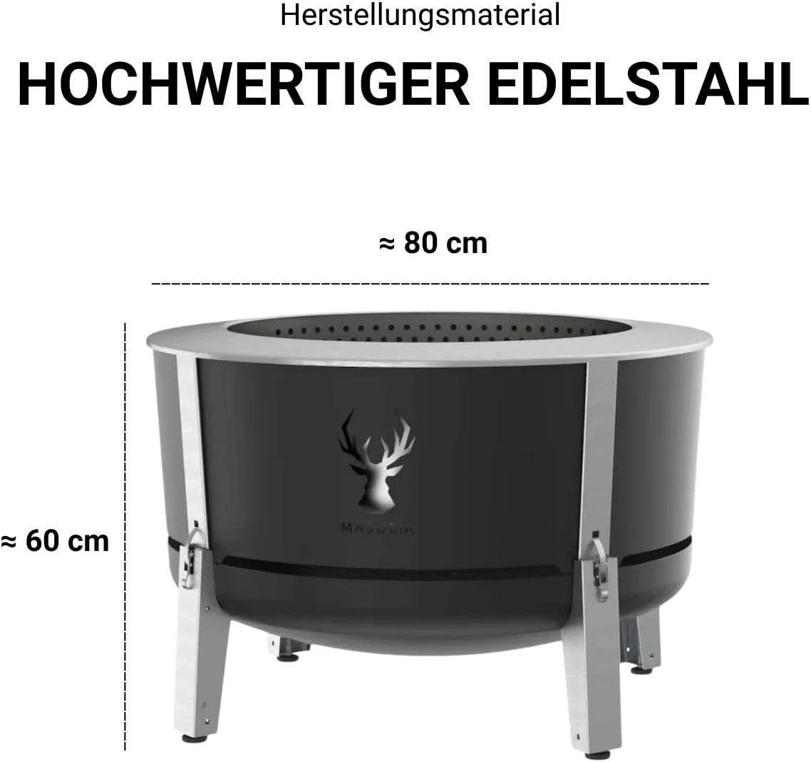 Masuria Alpha 800 Smokeless Fire Bowl 80 cm Diameter - Patented Smoke Reduction up to 95% - Made in the EU - Low-Smoke Outdoor Fire Pit Made of 304 Stainless Steel - Adjustable Legs - Black