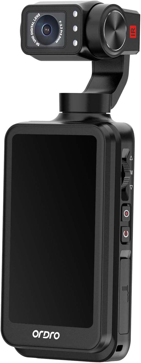 ORDRO 5K Handheld-Videokamera, Vlogging-Camcorder, 3,5-Zoll-Dreh-Touchscreen, 3-Achsen-Stabilisierung, IR-Nachtsicht, WDR, Gesichtserkennung, 120°-Weitwinkel, Lange Akkulaufzeit
