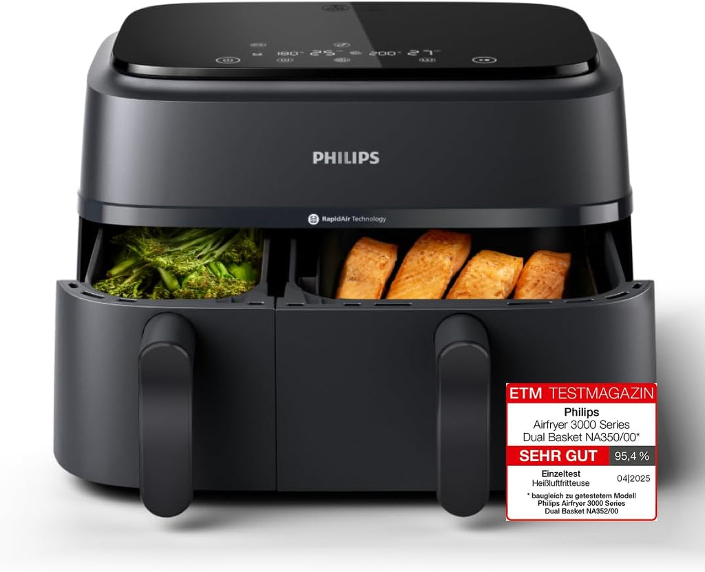 Philips Dual Basket 3000 NA350/00 Heißluftfritteuse 9L, 2 Körbe, 12 Funktionen, 2750W, Schwarz