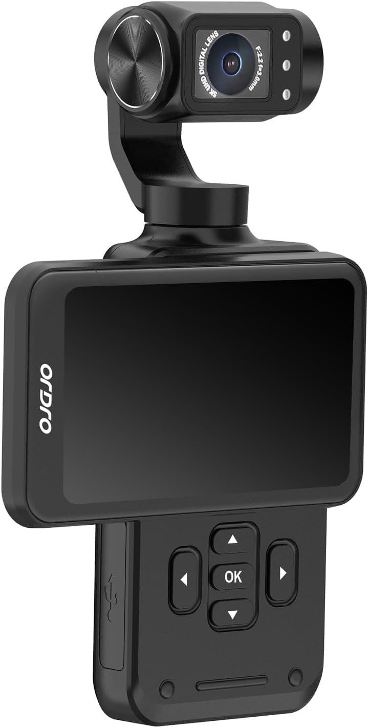 ORDRO 5K Handheld-Videokamera, Vlogging-Camcorder, 3,5-Zoll-Dreh-Touchscreen, 3-Achsen-Stabilisierung, IR-Nachtsicht, WDR, Gesichtserkennung, 120°-Weitwinkel, Lange Akkulaufzeit
