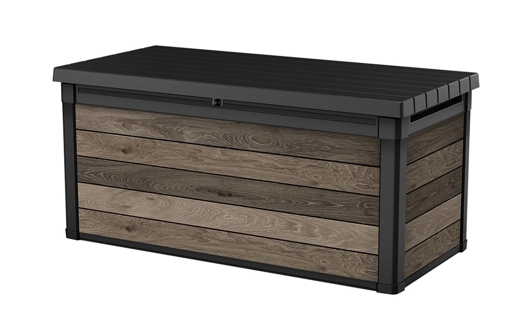 Keter Signature Aufbewahrungsbox 570L Walnuss - Gartenbox mit Holzoptik & Sitzfunktion - Wetterfeste Kissenbox mit Gasdruckfedern