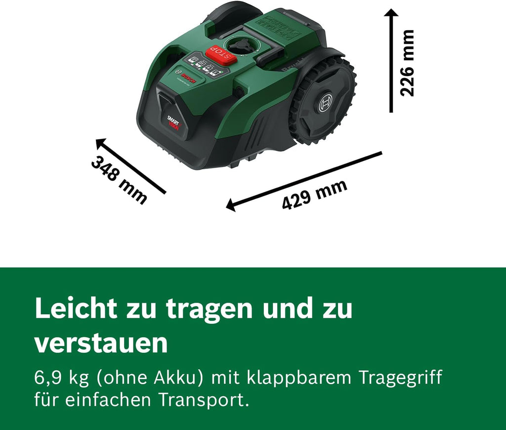 Bosch Akku-Mähroboter VISIMOW18V-200 (für Rasenflächen bis 200 m², Schnittbreite: 18 cm, Schnitthöhe: 20-60 mm, ohne Akku)