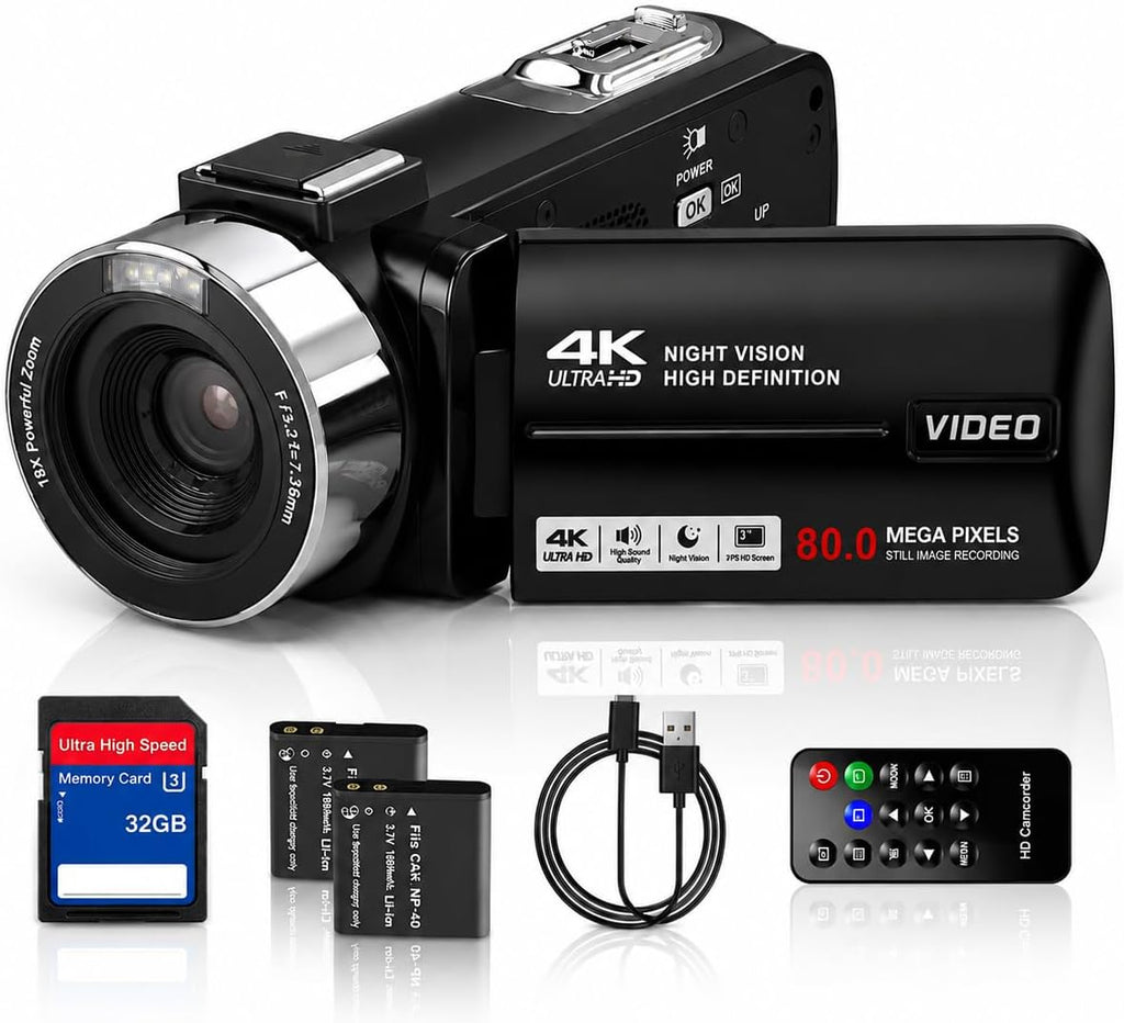 Camcorder 4K - Videokamera 30FPS 80MP 18X Digitalzoom IR Nachtsicht Vlogging Kamera, 3,0 Zoll IPS-Bildschirm YouTube Camera mit 32GB SD-Karte, Fernbedienung und 2 Batterien