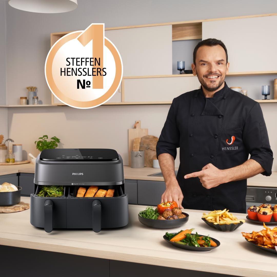 Philips Dual Basket 3000 NA350/00 Heißluftfritteuse 9L, 2 Körbe, 12 Funktionen, 2750W, Schwarz