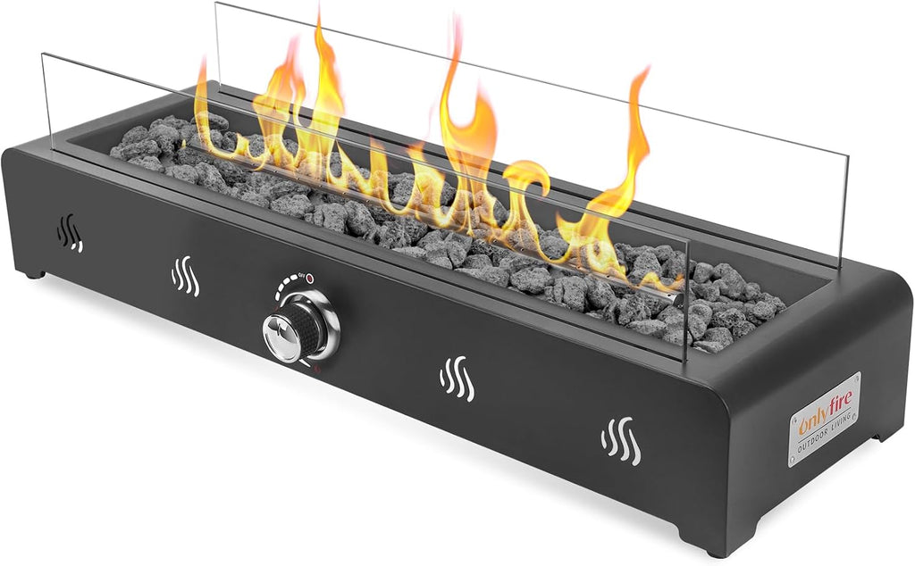 Onlyfire 72 cm Table Gas Fire Pit, 6.5 kW Propane Gas Table Fire with Rear Air Inlet, Glass Wind Protection and Lava Stone, Smokeless Table Fire Pit for Outdoor Garden Patio, Rectangular