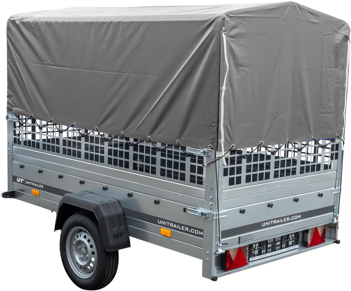 Garden Trailer 230 Hochplane 750 kg, Bügel grau, Autoanhänger mit Schutzgitter, Stützrad, Transportfläche 230cm x 125cm