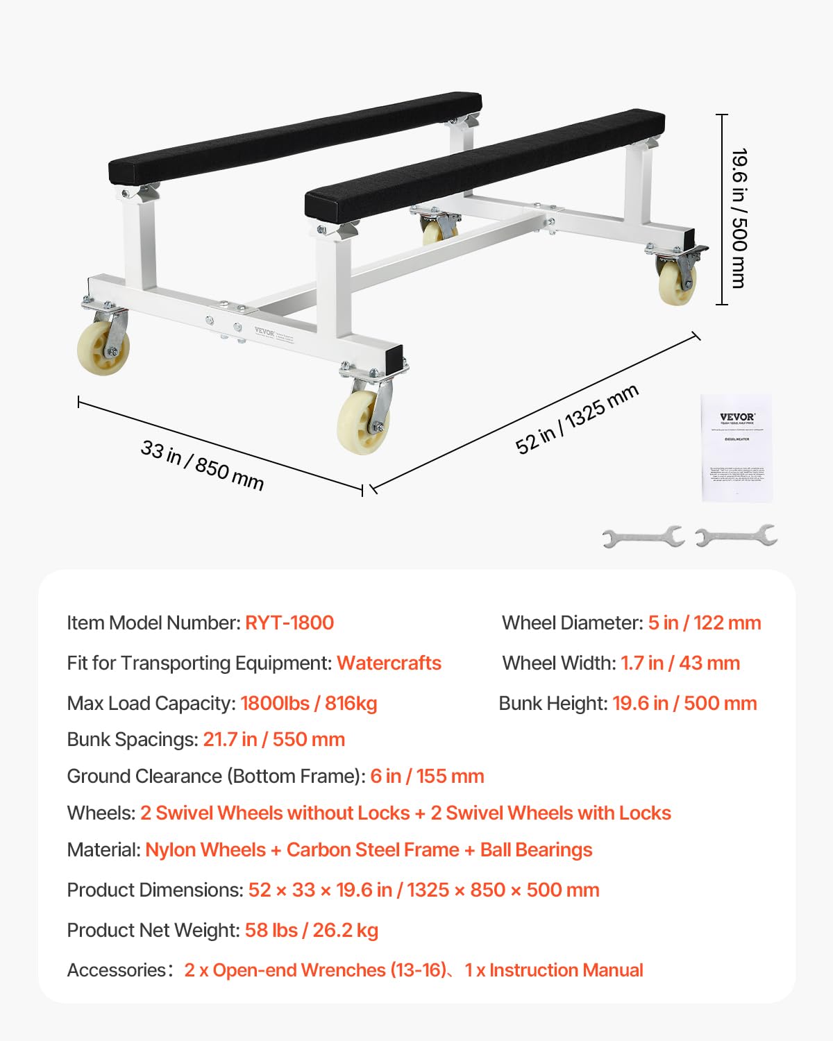 VEVOR Jet Ski Trolley, 817kg Capacity, Jet Ski Stand for Moving Boats, Heavy Duty Moving Cart, Fixed Berth, with 4 Castors and 2 Brakes for Kayaks, Hovercraft