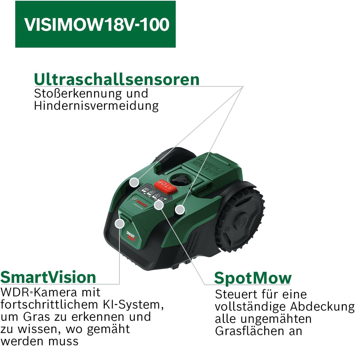 Bosch Akku-Mähroboter VISIMOW18V-100 (für Rasenflächen bis 100 m², Schnittbreite: 16 cm, Schnitthöhe: 20-60 mm, mit Ersatzmessern, inkl. Akku und Ladegerät)
