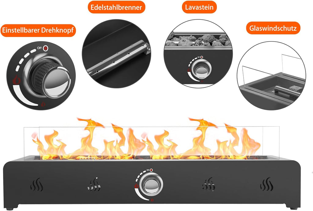 Onlyfire 72 cm Table Gas Fire Pit, 6.5 kW Propane Gas Table Fire with Rear Air Inlet, Glass Wind Protection and Lava Stone, Smokeless Table Fire Pit for Outdoor Garden Patio, Rectangular