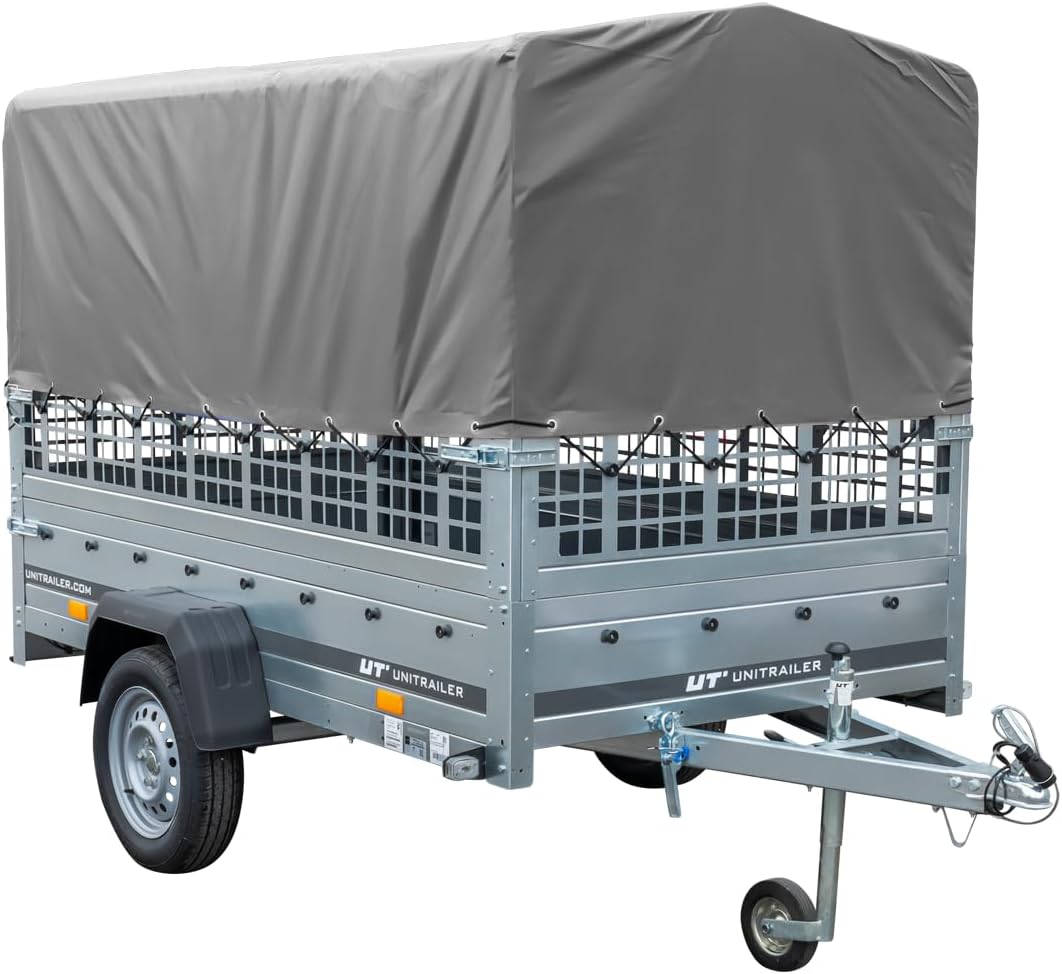 Garden Trailer 230 Hochplane 750 kg, Bügel grau, Autoanhänger mit Schutzgitter, Stützrad, Transportfläche 230cm x 125cm