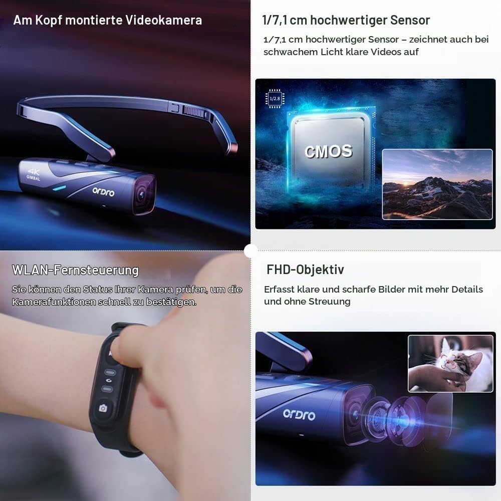ORDRO Video Camera 4K EP8 Portable Camera POV Recording, Ultra HD 4K 60fps Camcorder with 1/2.8 Inch Sensor, 2-Axis Gimbal Stabiliser, 2.4/5G WiFi, with Remote Control and 64GB MicroSD Card