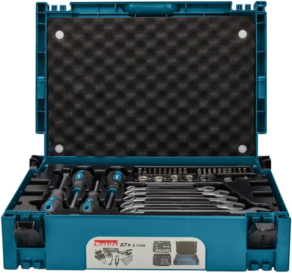 Makita E-11542 Werkzeug-Set 87-teilig im MAKPAC Gr.1, für Mechaniker, Handwerkzeug, Schraubendreher, Maulschlüssel, Bits, Stecknüsse, Ratsche