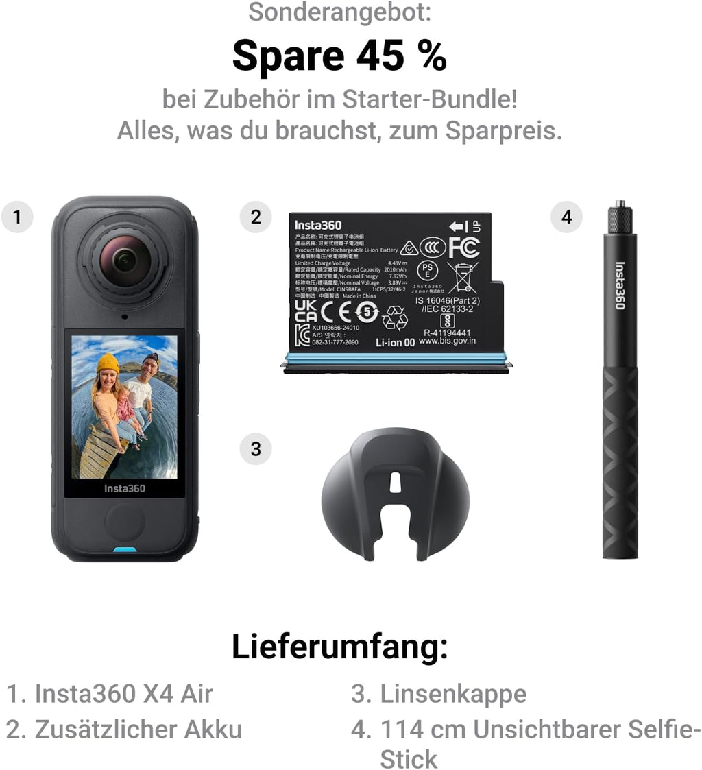 Insta360 X4 Air, 8K 360° Camera 165g Lightweight Invisible Selfie Stick, Change Lenses, Record & Then Align, AI-Powered App, FlowState Stabilization, Integrated Wind Protection, Starter Bundle