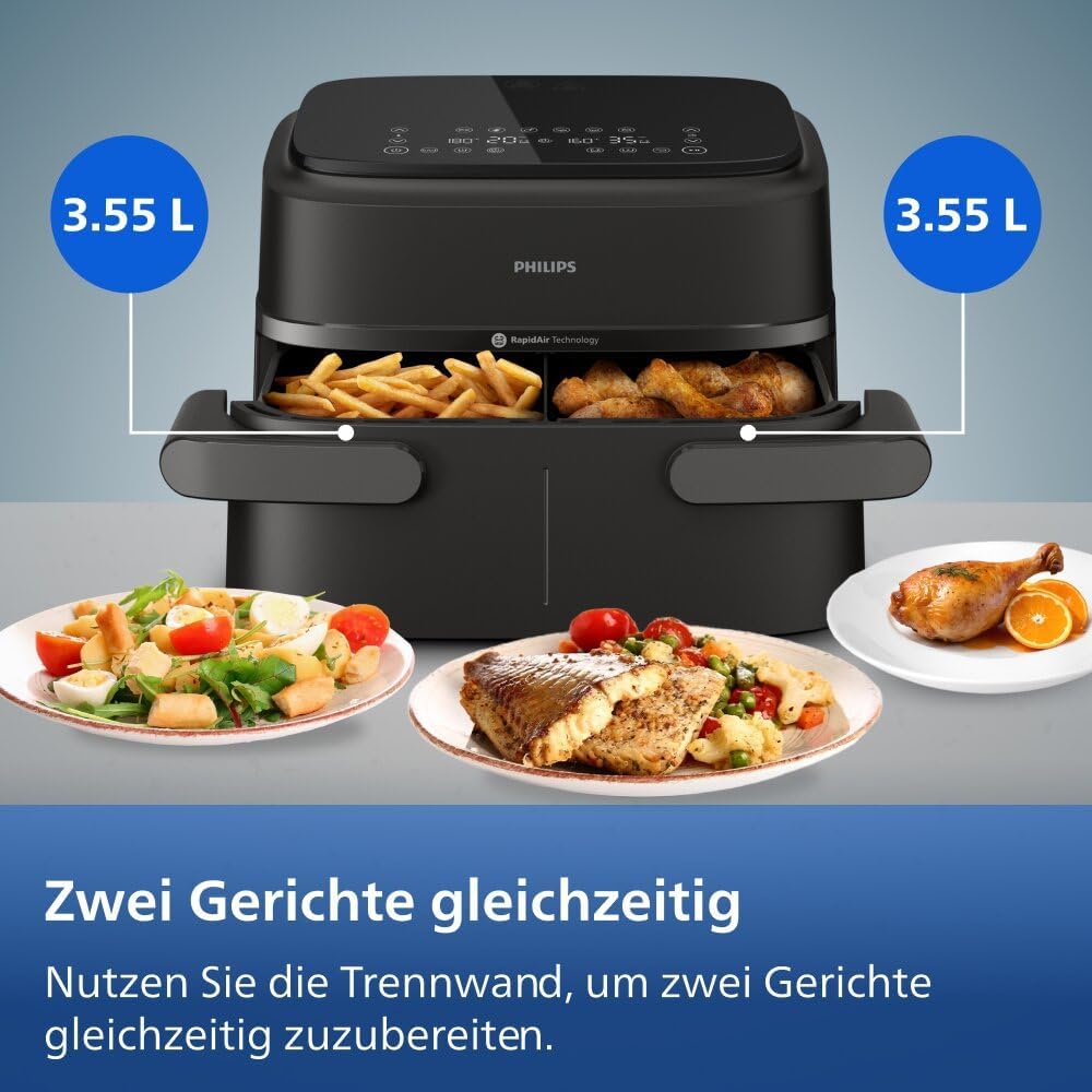 Philips 1000 Series NA154/00 Dual Basket Heißluftfritteuse 7,1L, 10 Funktionen, 2450W, Schwarz
