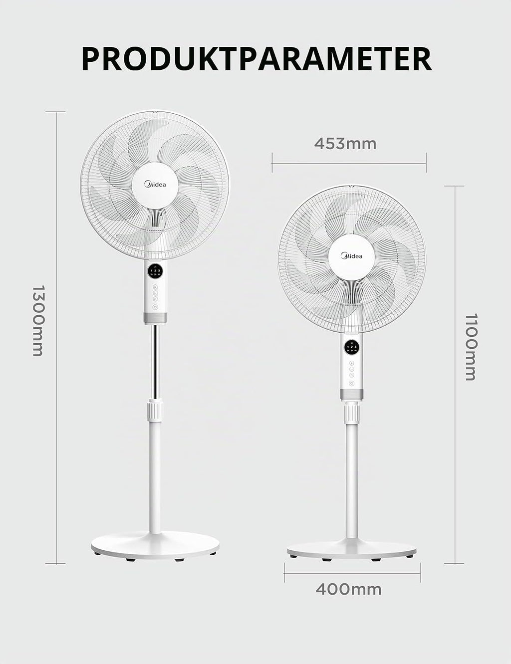 Midea MFS400R0APW Standventilator, 50W AC-Motor, 7 Klingen, 90° Oszillation, LED, Weiß