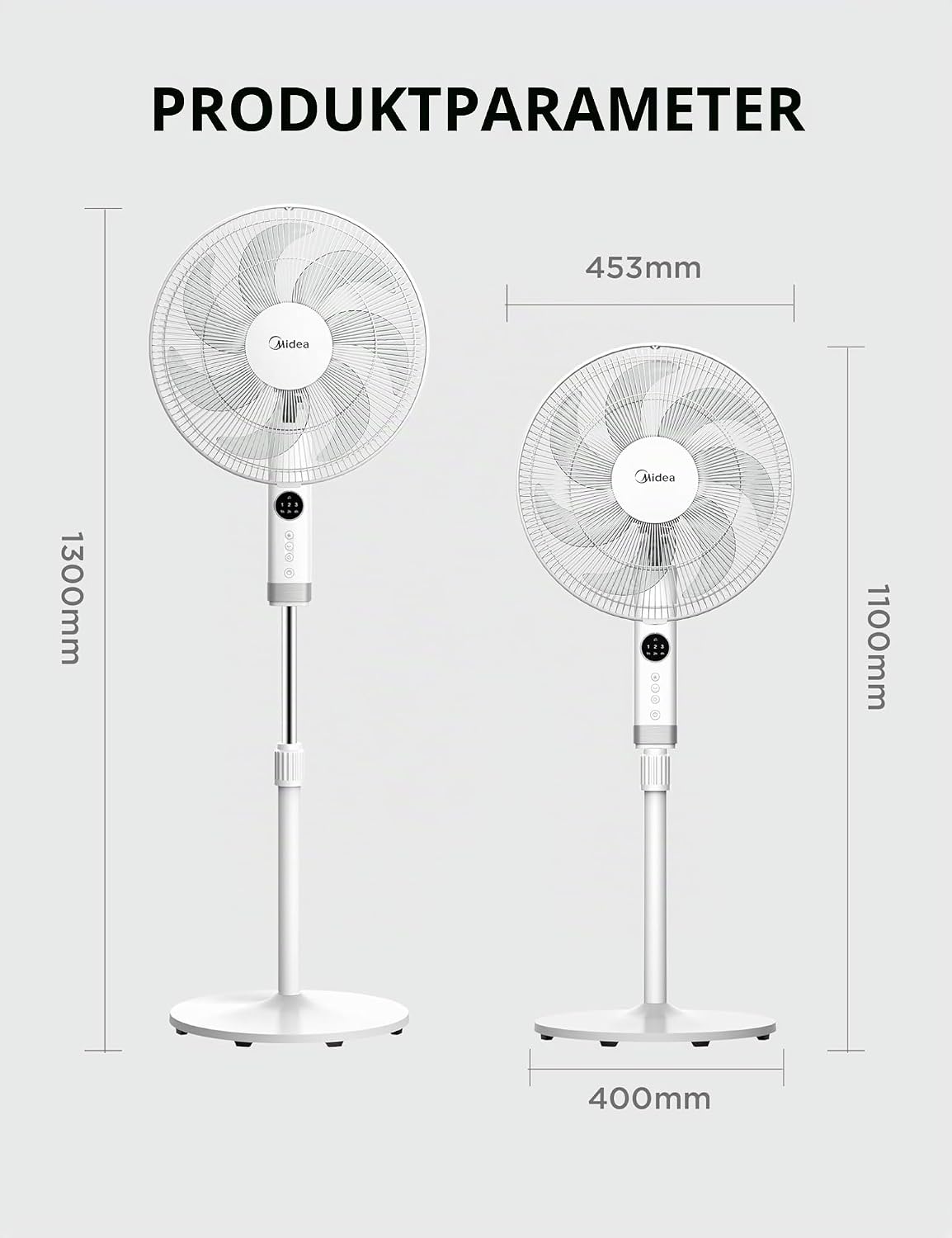 Midea MFS400R0APW Standventilator, 50W AC-Motor, 7 Klingen, 90° Oszillation, LED, Weiß