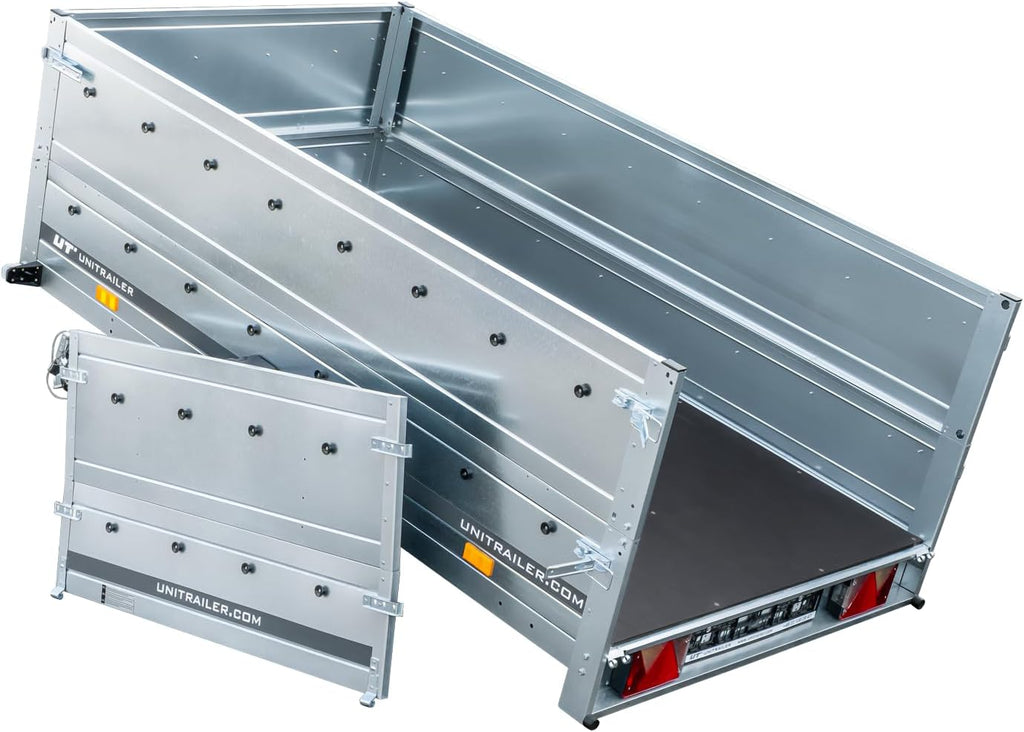 UNITRAILER Pkw Anhänger Kipper 230x125 Garden Trailer 230 Kipp, 750 kg Auto Anhänger mit Stützrad und zusätzlichen Bordwänden, idealer Autoanhänger 750kg