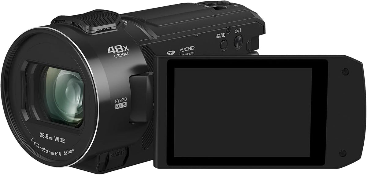 Panasonic HC-V900E-K Full HD Camcorder FHD Video 25mm F1.8 Wide Angle Lens 24X Optical Zoom Hybrid OIS+ HDR Zoom Microphone Touch Screen Black