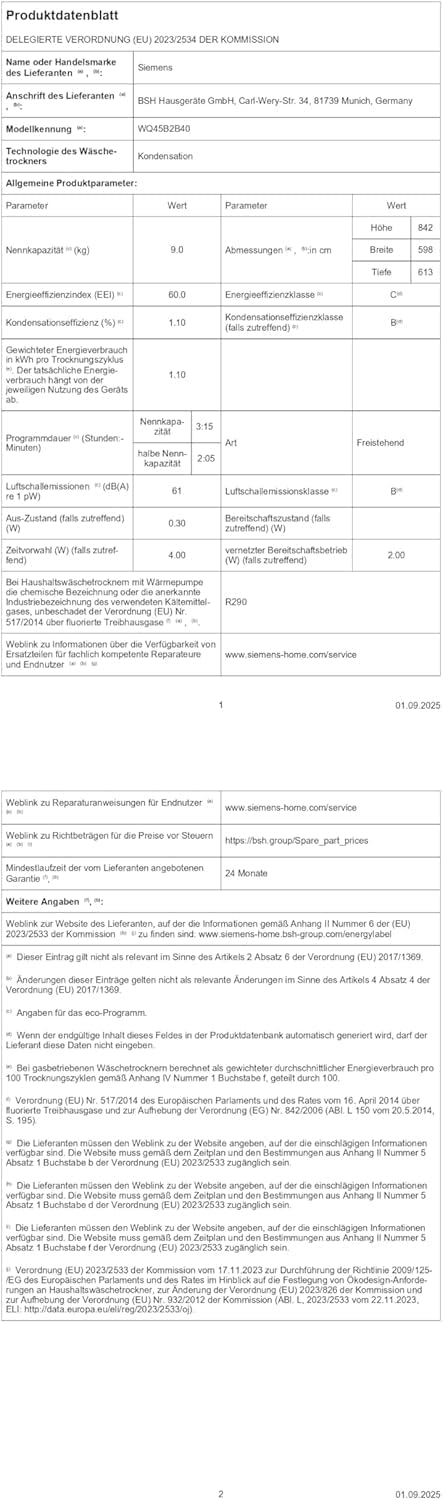 Siemens iQ700 Smarter Wärmepumpentrockner 9 kg autoDry WQ45B2B40