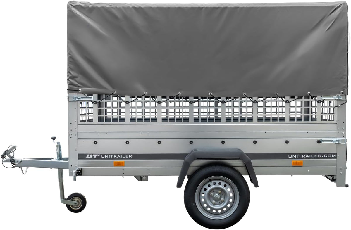 Garden Trailer 230 Hochplane 750 kg, Bügel grau, Autoanhänger mit Schutzgitter, Stützrad, Transportfläche 230cm x 125cm