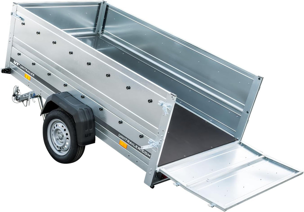 UNITRAILER Pkw Anhänger Kipper 230x125 Garden Trailer 230 Kipp, 750 kg Auto Anhänger mit Stützrad und zusätzlichen Bordwänden, idealer Autoanhänger 750kg