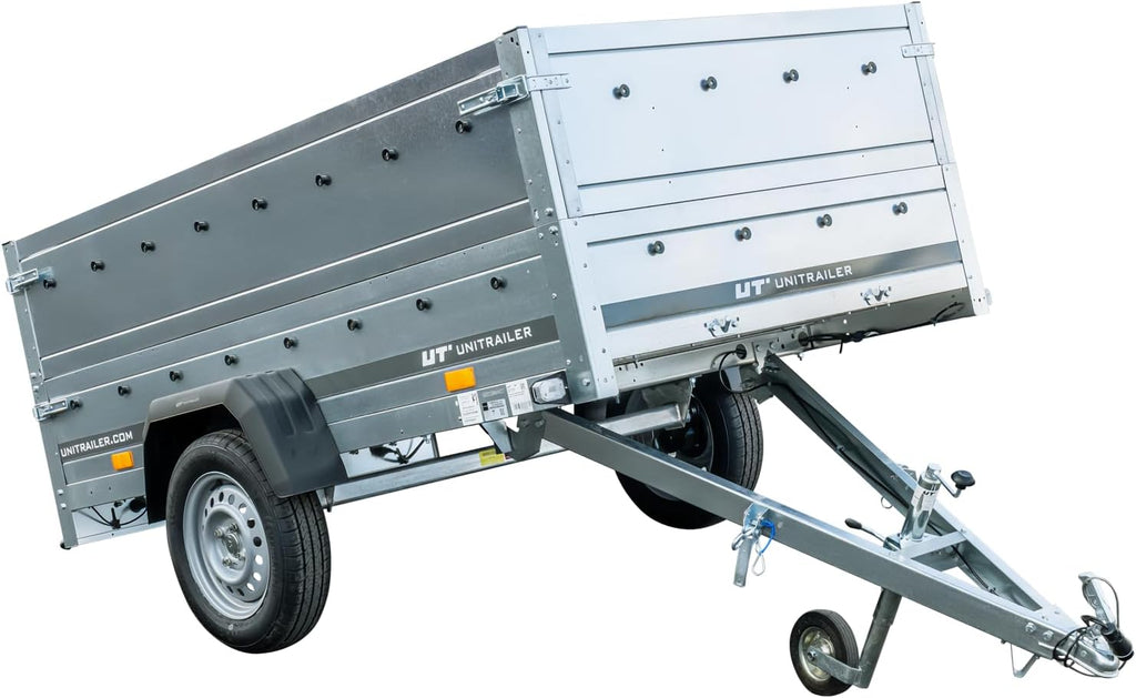 UNITRAILER Pkw Anhänger Kipper 230x125 Garden Trailer 230 Kipp, 750 kg Auto Anhänger mit Stützrad und zusätzlichen Bordwänden, idealer Autoanhänger 750kg