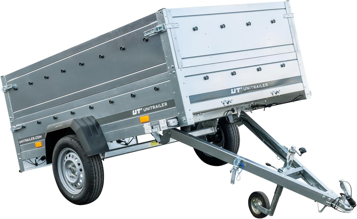 UNITRAILER Pkw Anhänger Kipper 230x125 Garden Trailer 230 Kipp, 750 kg Auto Anhänger mit Stützrad und zusätzlichen Bordwänden, idealer Autoanhänger 750kg