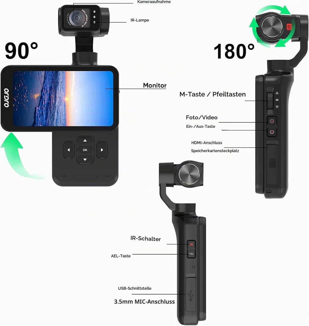 ORDRO 5K Handheld-Videokamera, Vlogging-Camcorder, 3,5-Zoll-Dreh-Touchscreen, 3-Achsen-Stabilisierung, IR-Nachtsicht, WDR, Gesichtserkennung, 120°-Weitwinkel, Lange Akkulaufzeit