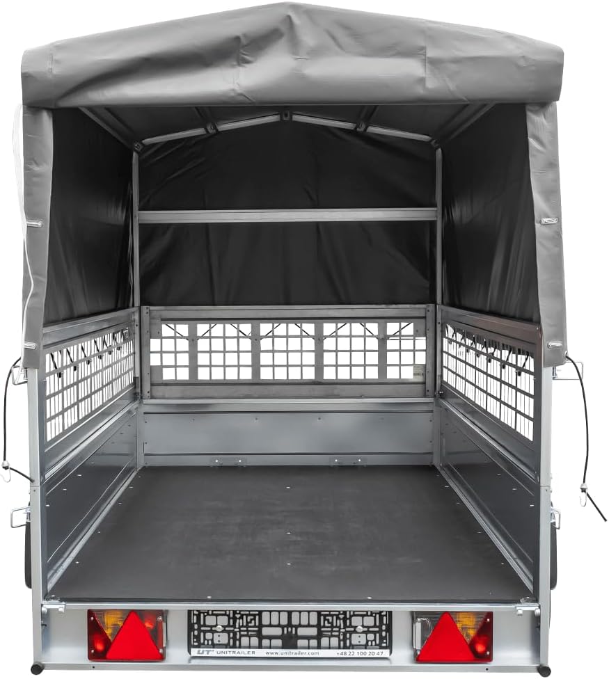 Garden Trailer 230 Hochplane 750 kg, Bügel grau, Autoanhänger mit Schutzgitter, Stützrad, Transportfläche 230cm x 125cm