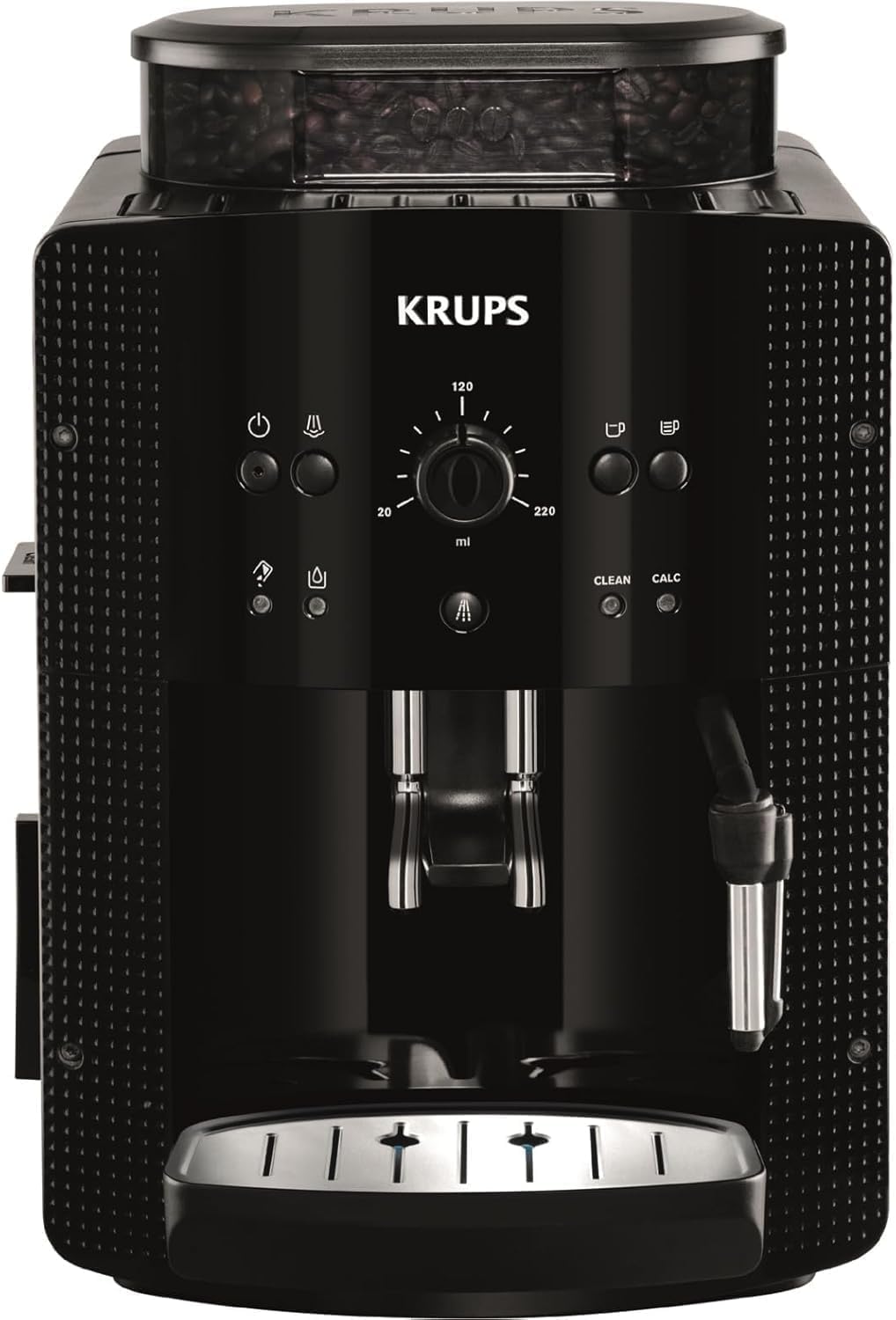 KRUPS Arabica Picto Kaffeevollautomat, kompaktes Design, einfache Bedienung, intuitiv einstellbarer Drehregler, Milchschaumdüse, 2-Tassen-Funktion, Kaffeemaschine, Schwarz, EA810870