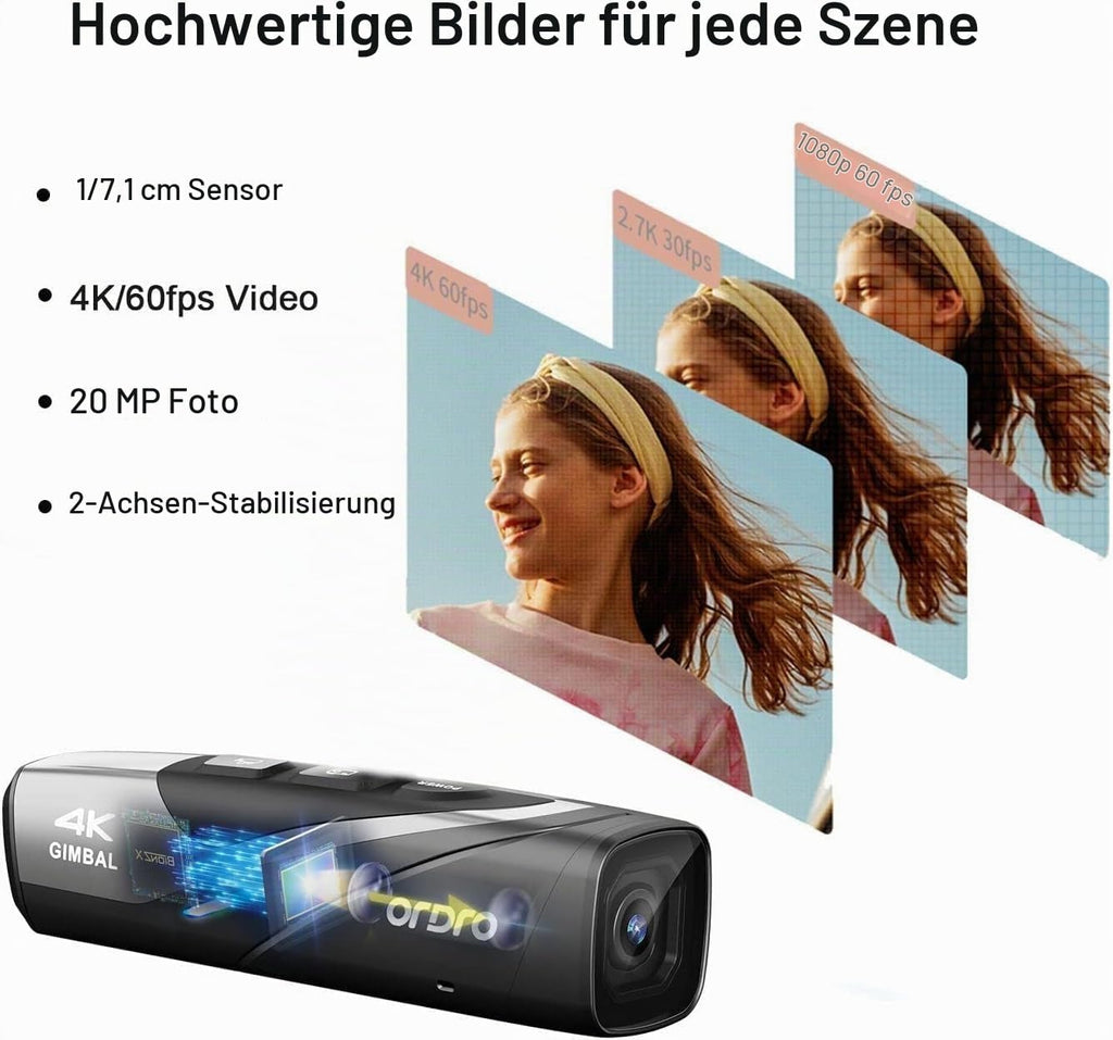 ORDRO Video Camera 4K EP8 Portable Camera POV Recording, Ultra HD 4K 60fps Camcorder with 1/2.8 Inch Sensor, 2-Axis Gimbal Stabiliser, 2.4/5G WiFi, with Remote Control and 64GB MicroSD Card