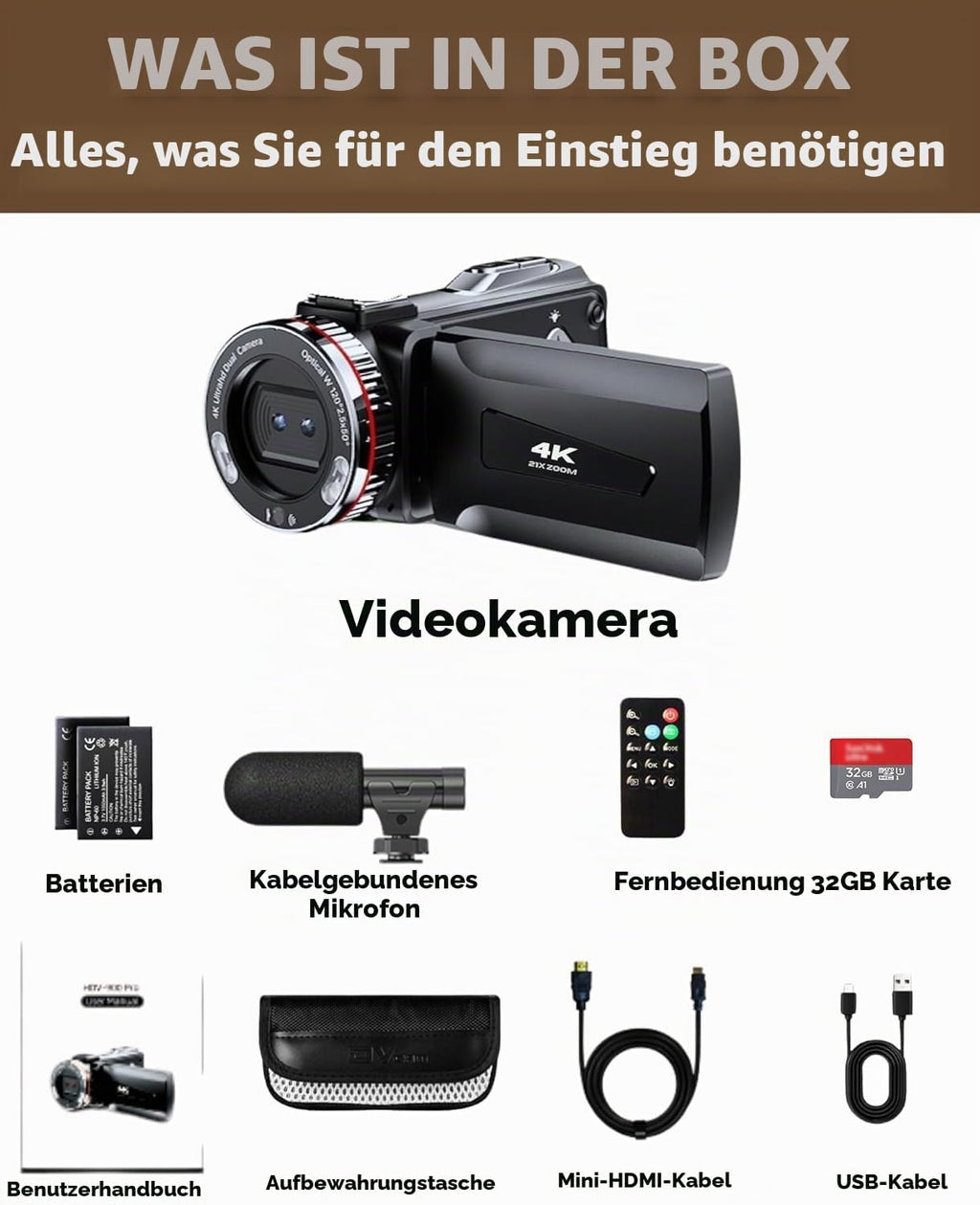 Videokamera 4K 48MP, 21X Digital Zoom Camcorder, 3.0'' 270° Screen Vlogging Kamera für YouTube, LED-Fülllicht Video Camera mit 2 Batterien, Externem Mikrofon, HDMI-Kabel, 32 GB TF-Karte