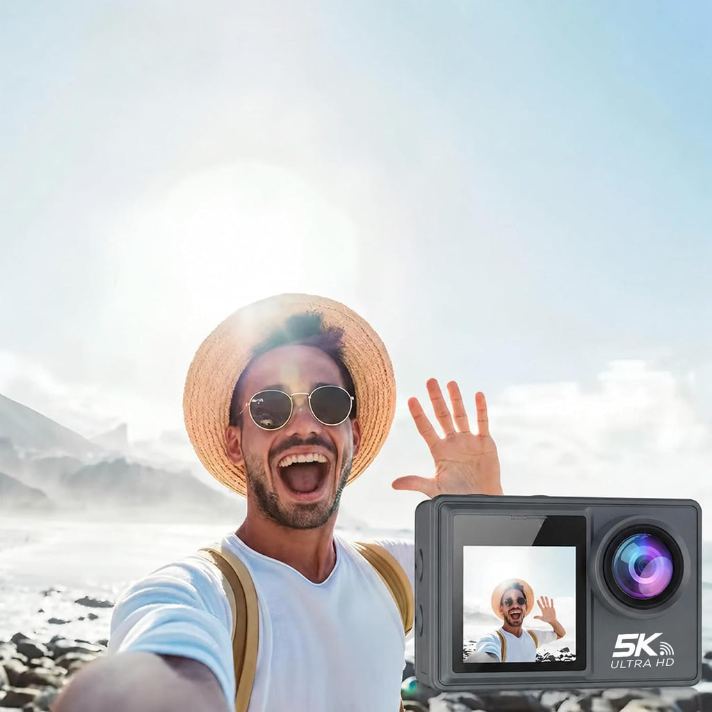 AONEGOLD Danxon 50MP Action Kamera 5K Dual Display EIS Stabilisierung 30m Wasserdicht mit Zubehör Grau