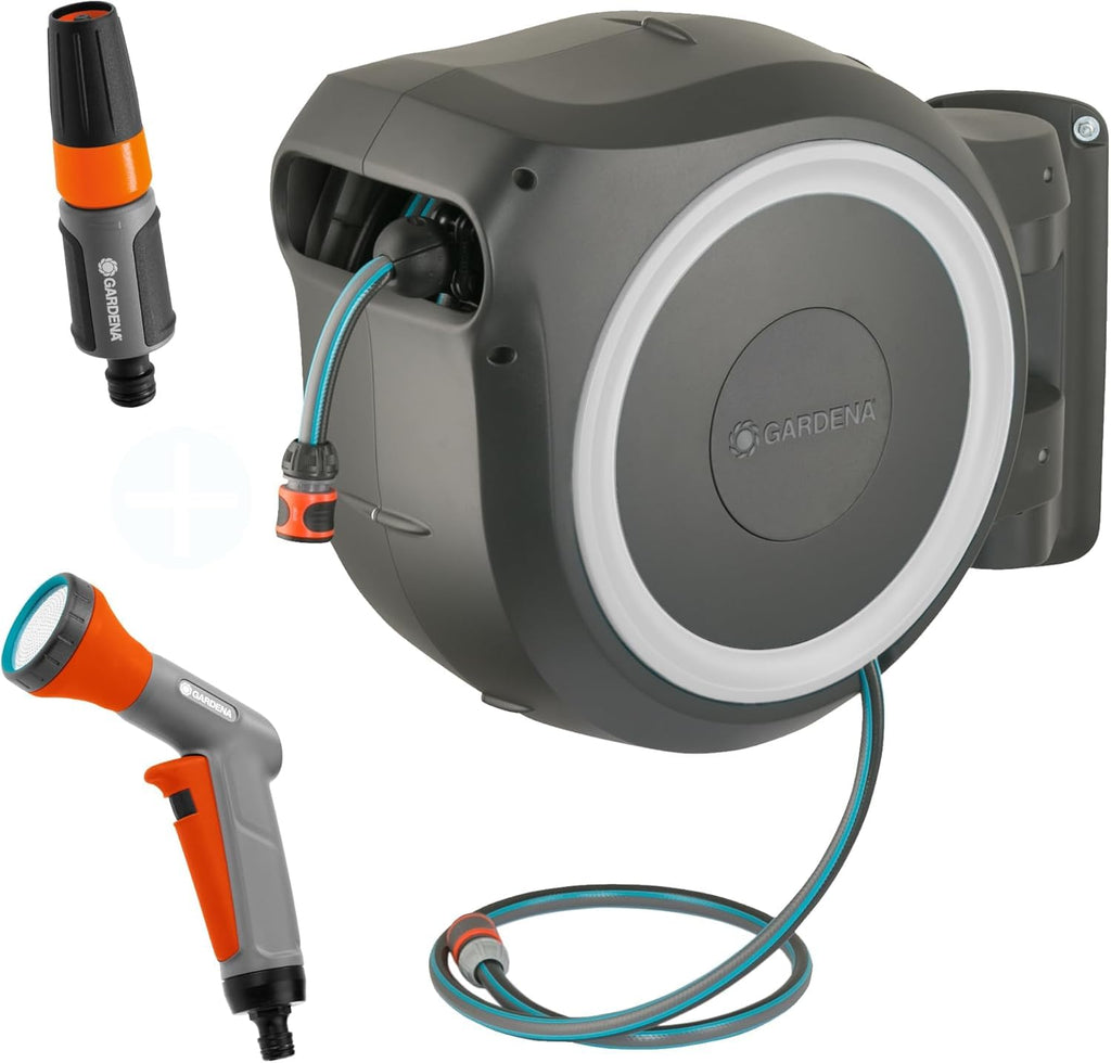 Gardena Wand-Schlauchbox RollUp XL 35 m Exklusiv für Amazon: flexible Bewässerung für große Gärten, Schwenkbare Schlauchbox, inkl. 35 m Qualitätsschlauch mit Brause & Reinigungsspritze (18632-60)