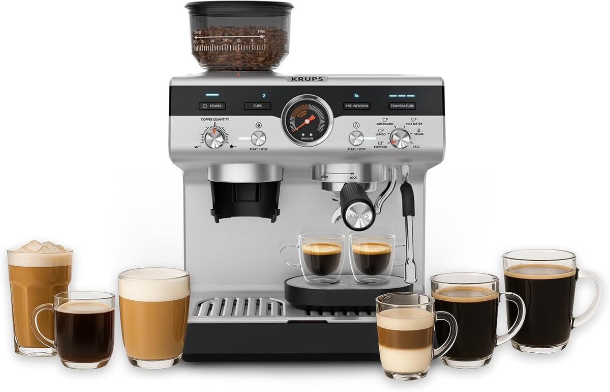 Krups Precision manuelle Siebträgermaschine mit Mahlwerk, Barista Kaffeemaschine mit intuitiver Bedienfläche, Pre-Infusion-Einstellungen, Espressomaschine mit Dampfdüse, schnelles Aufheizen, XP801T10