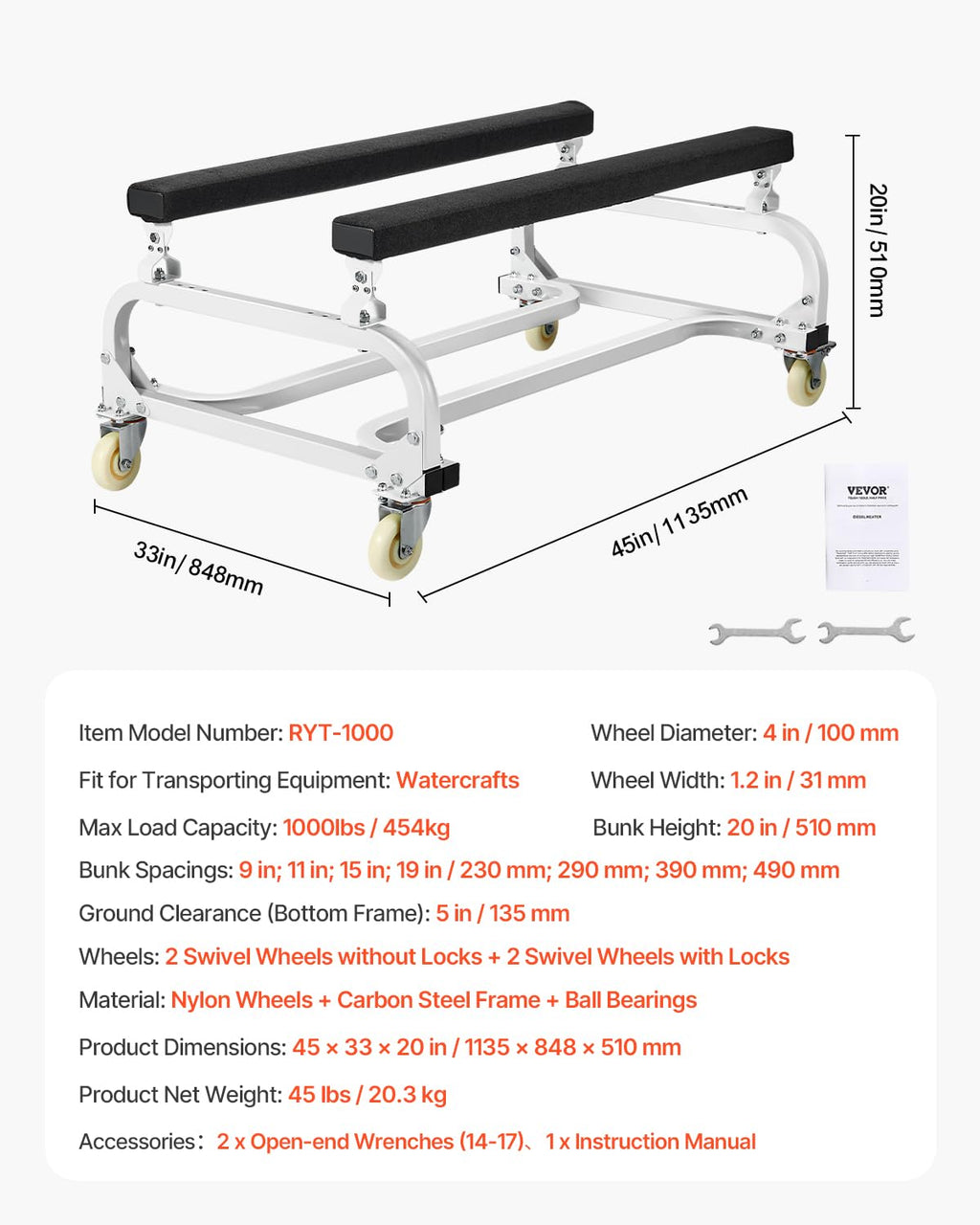 VEVOR Jet Ski Trolley, 454kg Capacity, Jet Ski Stand for Moving Boats, Heavy Duty Travel Cart, Adjustable Berth, 4 Casters, 2 Brakes, for Kayaks, Hovercraft