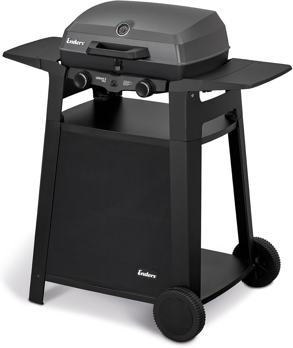 Enders Urban Pro II Trolley, Tischgrill mit Trolley, Grillen-, Kochen-und Backen Funktion, 2 Brenner Edelstahl, mit Grill-Thermometer, Balkon-, Camping-Grill, Aluguss-Gehäuse, Gusseisen-Rost #206272