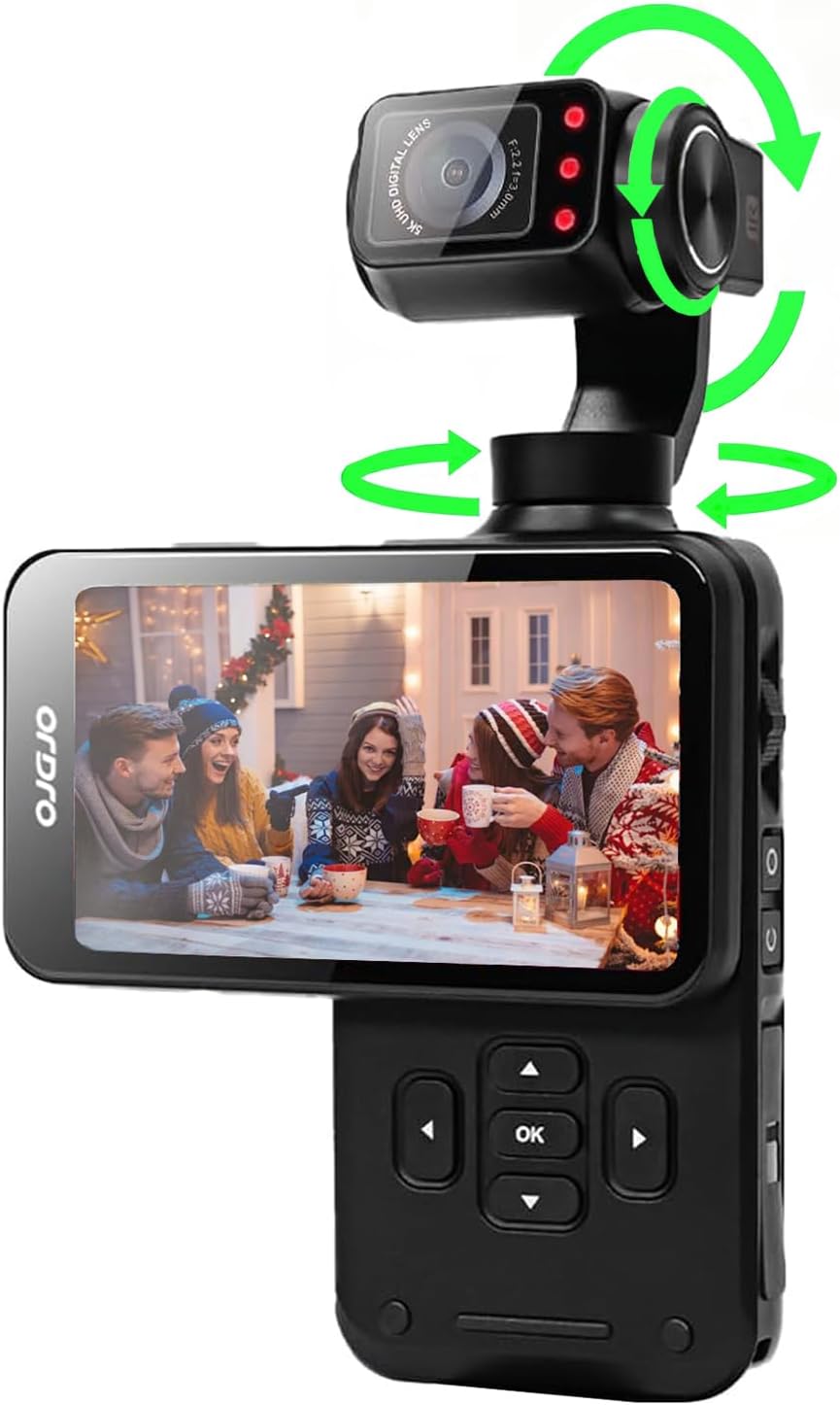 ORDRO 5K Handheld-Videokamera, Vlogging-Camcorder, 3,5-Zoll-Dreh-Touchscreen, 3-Achsen-Stabilisierung, IR-Nachtsicht, WDR, Gesichtserkennung, 120°-Weitwinkel, Lange Akkulaufzeit