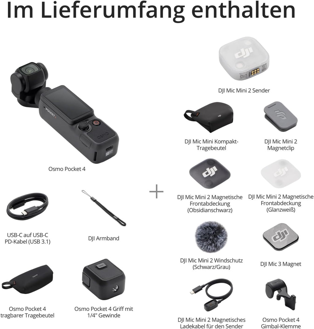 DJI Osmo Pocket 4 Audio Combo mit Mic Mini 2 Sender, Pocket-Gimbal-Vlog-Kamera, 1-Zoll-CMOS und 4K/240fps, 3-Achsen-Stabilisierung, 2× verlustfreier Zoom, 107 GB interner Speicher