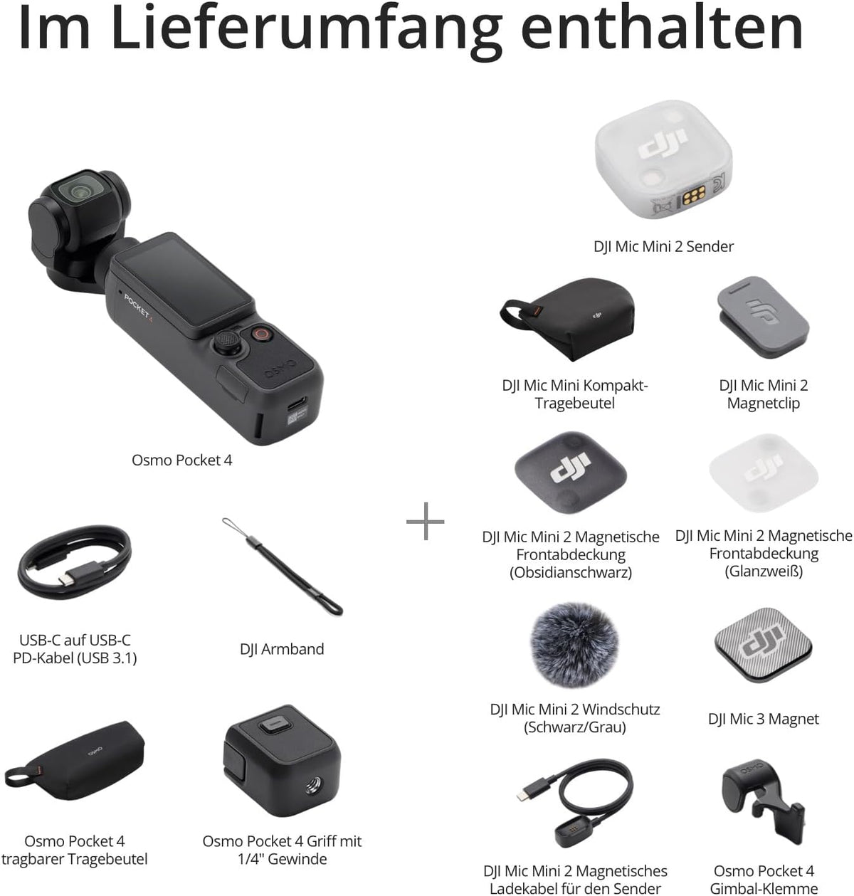 DJI Osmo Pocket 4 Audio Combo mit Mic Mini 2 Sender, Pocket-Gimbal-Vlog-Kamera, 1-Zoll-CMOS und 4K/240fps, 3-Achsen-Stabilisierung, 2× verlustfreier Zoom, 107 GB interner Speicher
