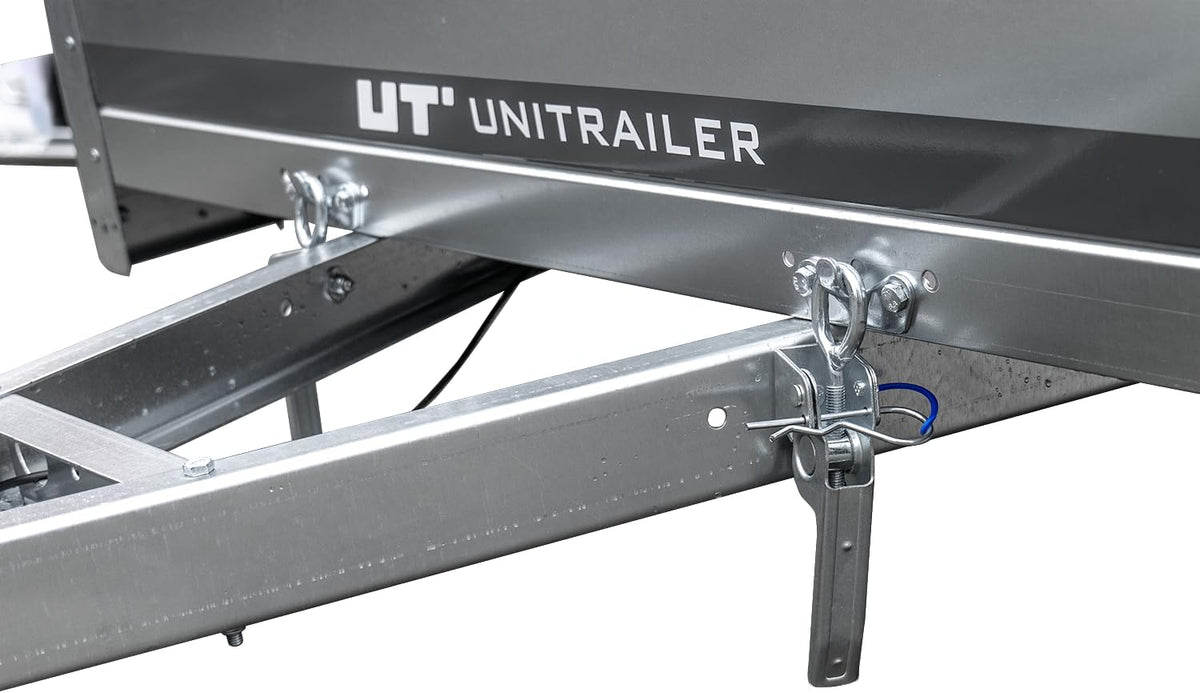 UNITRAILER Auto Anhänger Garden Trailer 230 Kipp – PKW Anhänger 750KG, 230cm x 125cm Transportfläche, Robuste Struktur Aus Verzinktem Stahl, Klappbarer Deichsel