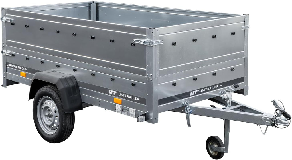 UNITRAILER Pkw Anhänger Kipper 230x125 Garden Trailer 230 Kipp, 750 kg Auto Anhänger mit Stützrad und zusätzlichen Bordwänden, idealer Autoanhänger 750kg