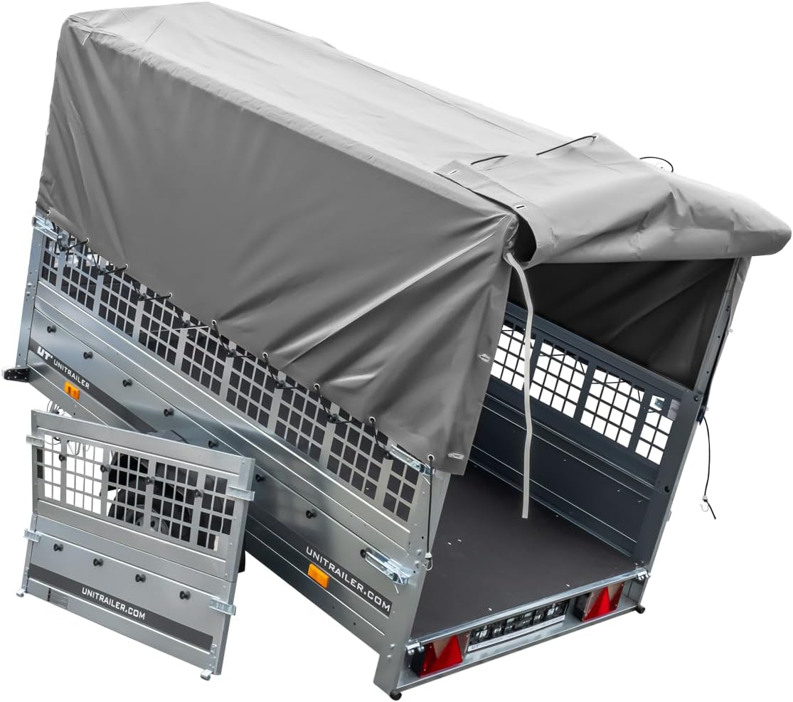 Garden Trailer 230 Hochplane 750 kg, Bügel grau, Autoanhänger mit Schutzgitter, Stützrad, Transportfläche 230cm x 125cm