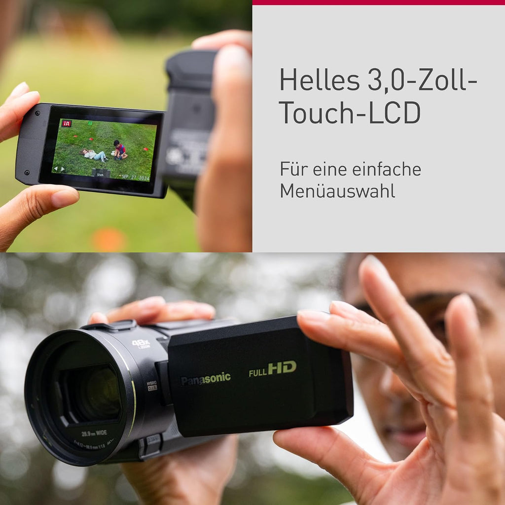 Panasonic HC-V900E-K Full HD Camcorder FHD Video 25mm F1.8 Wide Angle Lens 24X Optical Zoom Hybrid OIS+ HDR Zoom Microphone Touch Screen Black