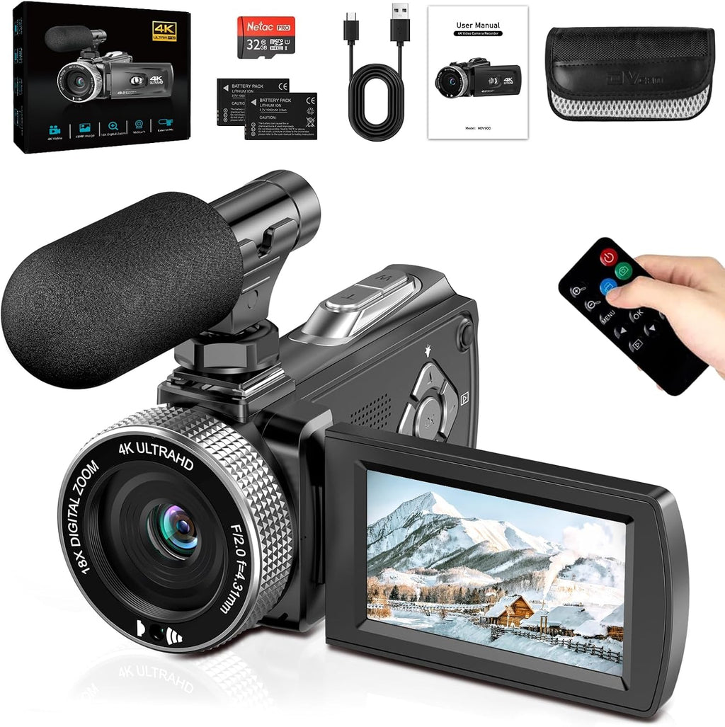 Videokamera 4K 48MP Camcorder 18X Digital Zoom Vlogging Kamera mit LED-Fülllicht für YouTube, 3.0'' 270°Drehbarer Screen Video Kamera mit Externem Mikrofon, Fernbedienung, 2 Batterien (32 GB Karte)