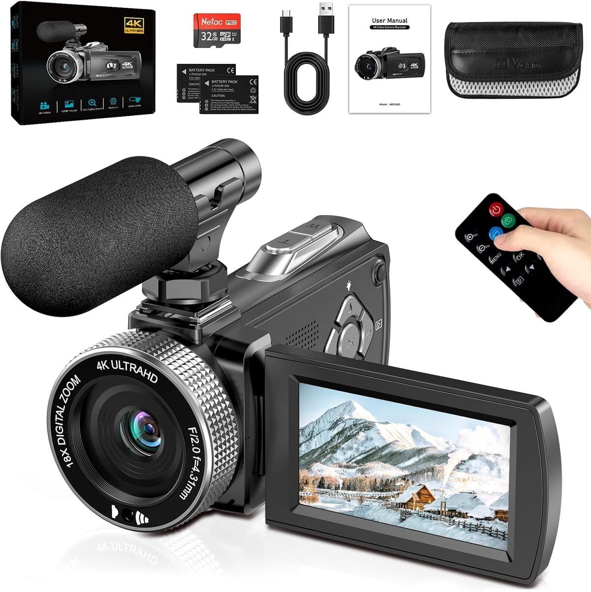 Videokamera 4K 48MP Camcorder 18X Digital Zoom Vlogging Kamera mit LED-Fülllicht für YouTube, 3.0'' 270°Drehbarer Screen Video Kamera mit Externem Mikrofon, Fernbedienung, 2 Batterien (32 GB Karte)
