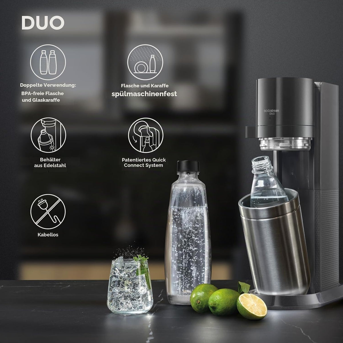 Sodastream Duo Sprudelwasser und Soda Maschine für Glaskanne | 1 Stück Glaskrug 1L + 1 Flasche 1L Edelstahl Finish Geschirrspüler + 1 60L Gas Nachfüllclip | Schwarz