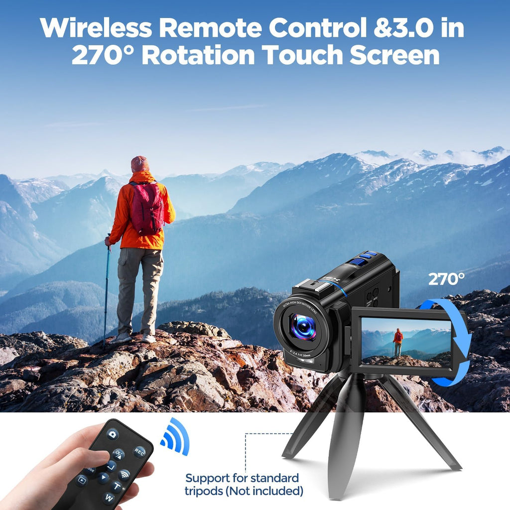 Video Camera Camcorder 5K Vlog Camera with 16X Digital Zoom Night Vision, 48MP 3 Inch 270° Rotating Touchscreen Webcam Vlogging Camera, Camcorder Video Camera with 32GB SD Card, Filling Light, Remote