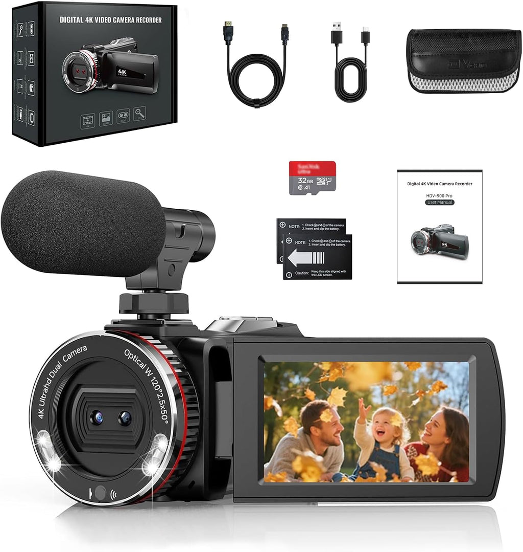 Videokamera 4K 48MP, 21X Digital Zoom Camcorder, 3.0'' 270° Screen Vlogging Kamera für YouTube, LED-Fülllicht Video Camera mit 2 Batterien, Externem Mikrofon, HDMI-Kabel, 32 GB TF-Karte